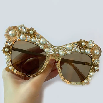 

Luxury Fashion Cat Eye Sunglasses Women 2020 Trend Sun Glasses With Pearl And Diamond Stylish UV400 Eyewear Lentes De Sol Mujer