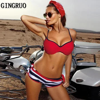 

3PC sports bikini 2020 push up pad striped Small Boxer bikini set high waist swimwear women summer Swimsuit Women monokini mujer