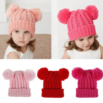 

13 color girls hair ball knit hat children peas wool hat twist woven winter hat Europe and America cute girl hair ball knit hat