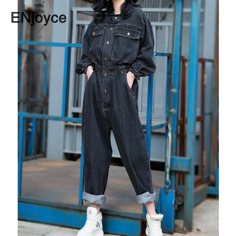Women Denim Jumpsuits Oversized Fashion Loose Wide Leg Cargo Pants Pockets Ladies Vintage Black Playsuit Jump Suits Fall Winter |