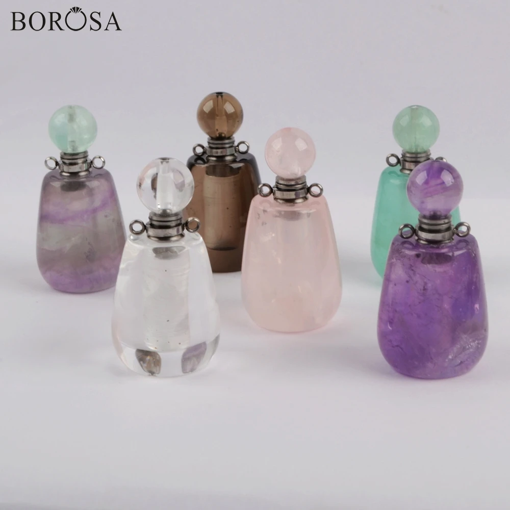 BOROSA 3 шт. Серебряный натуральный драгоценный камень подвески флаконы духов белый кварц флюорит Бутылочки для эфирных масел женские ювелирные изделия WX1193