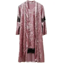 Новая осенняя одежда из 2 предметов вечерний комплект с платьем Для женщин кимоно зимний банный халат из бархата, одежда для сна, теплая мягкая Ночная пижама ночная рубашка домашняя одежда