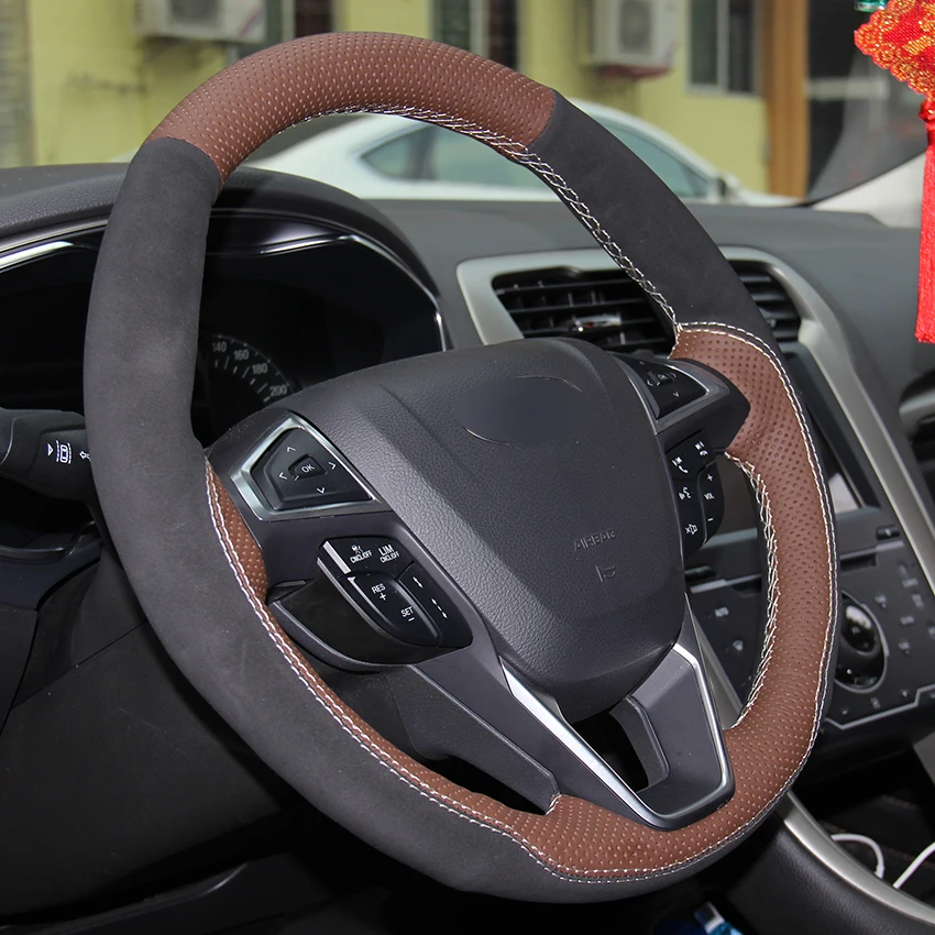Кофейные кожаные черные замшевые чехлы рулевого колеса автомобиля для Ford Fusion Mondeo 2013 EDGE Авто рулевые чехлы