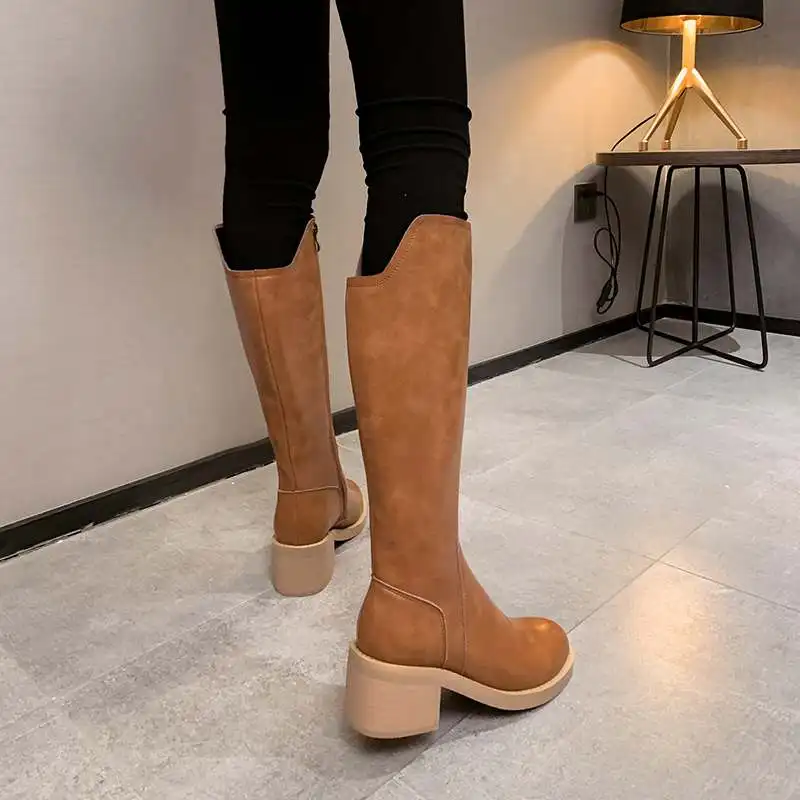 Bottes femme riding boots women's knight boots cow leather round toe thick high heels knee-high boots keep warm botas mujer