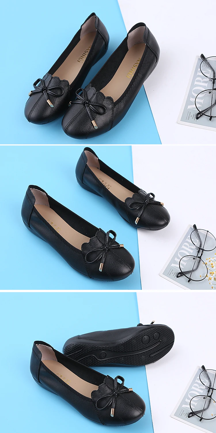 OUKAHUI Spring Autumn Soft Bottom Genuine Leather Ballet Flats With Bow Shoes For Women Loafers Shallow Slip-On Flat Shoes Women