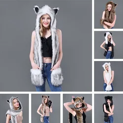Faux Fur Hood Animal Hat With Scarf Gloves Soft Fluffy Plush Caps With Cute Ear Women Thick Warm Hats Ear Warmer Party Beanies