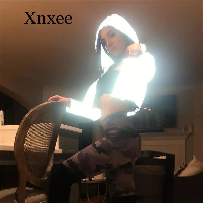 

autumn Reflective Jacket Women Night Glowing Hooded Jacket Coat Sexy Short Long Sleeve Zipper Female Reflective Jacket Outwear