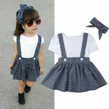 

3pcs Newborn Baby Girl Short Sleeve Tops Floral Suspender Tutu Dress Headband Summer Set
