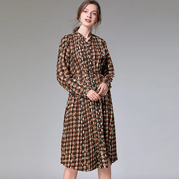 

Large size women's turn down collar printed loose fashion elegant soft comfortable simple pleated dress waist belt midi dress
