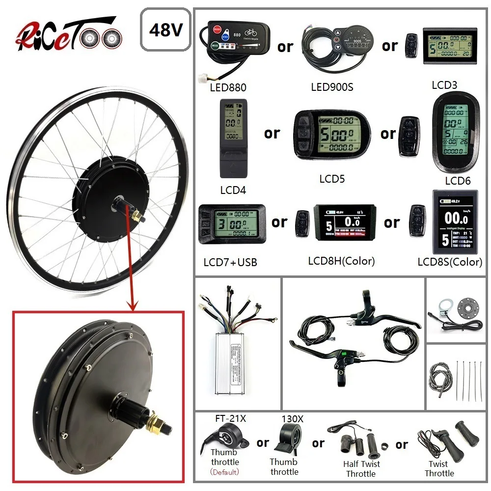 US $130.26 RICETOO Electric Bicycle Conversion Kit 48V 1500W Rear Cassette Wheel Motor with Optional 20700CDisplayThrottlePAS Ebike
