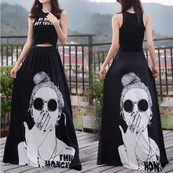 

Maxi Long Skirt Floor Length Ladies Elastic High Waist Muslim Skirts Women Printed Boho Vintage Midi Skirt