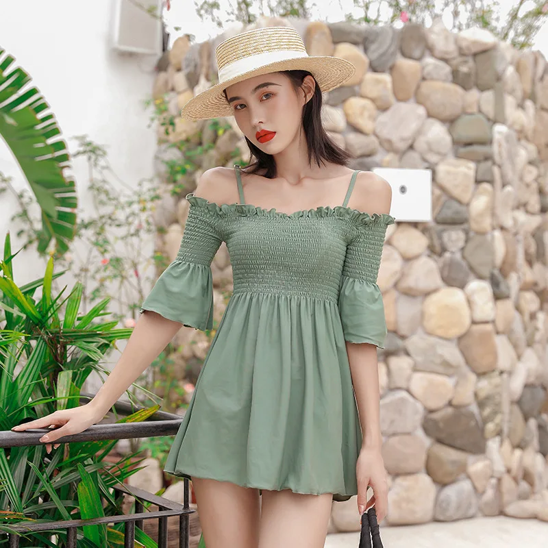 

Women's Beach Outings 2019 Woman Swimsuit 1 Piece Rashguard Female Swimsuits One New Pure Color Word Skirt Solid Polyester