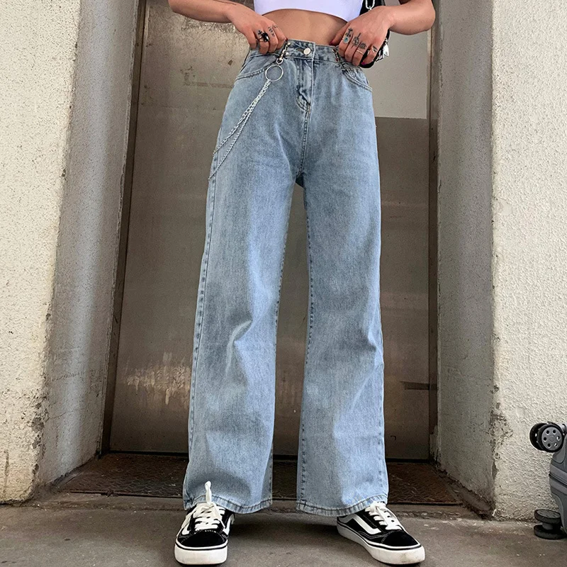 

High Waist Jeans Wide Leg Women Casual Denim Pants Class Basics Straight Trousers Female Boyfriend Streetwear Baggy Palazzo Blue