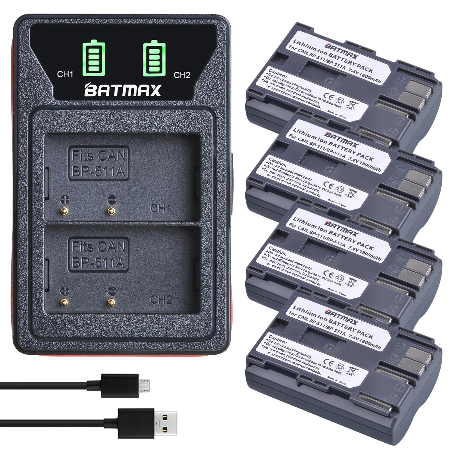 2 Batterie BP-511 2300mAh E Caricatore Doppio USB Compatibile Canon EOS 10D,20D,30D,40D,300D, PowerShot G1-G6 E Altri, Con Cavo Micro USB