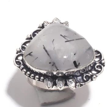 

Genuine Black Rutile Quartz Ring Silver Overlay over Copper, USA Size 8.25 , R6845