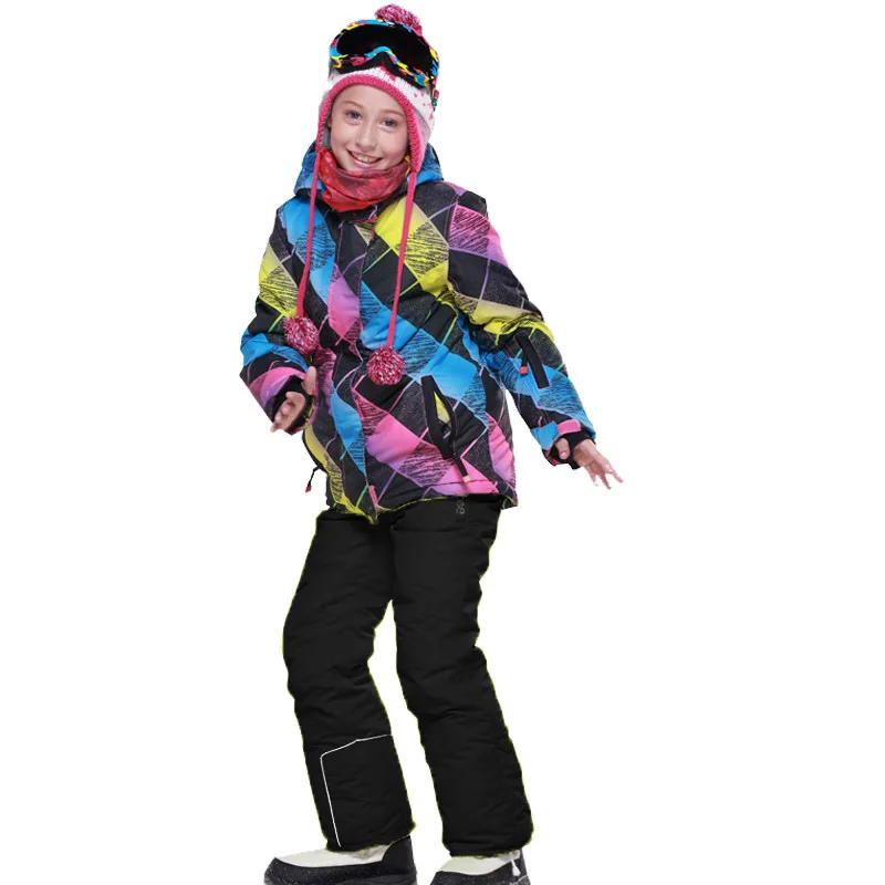 Зимний детский лыжный костюм с капюшоном; лыжная куртка для девочек+ зимние штаны; водонепроницаемый комплект одежды для сноуборда; теплый и ветрозащитный костюм - Цвет: black 3