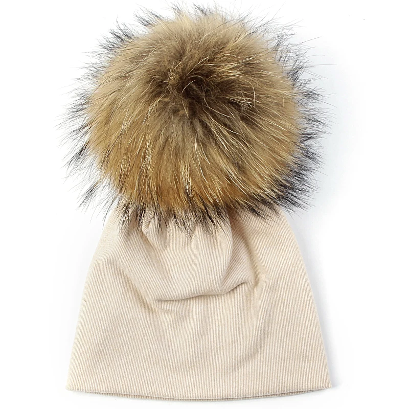 Geebro/Детские шапочки для мальчиков и девочек, зимние теплые шапочки для новорожденных, шапки унисекс с черепом для 0-9 месяцев, с помпоном из натурального меха 15 см - Цвет: beige natural