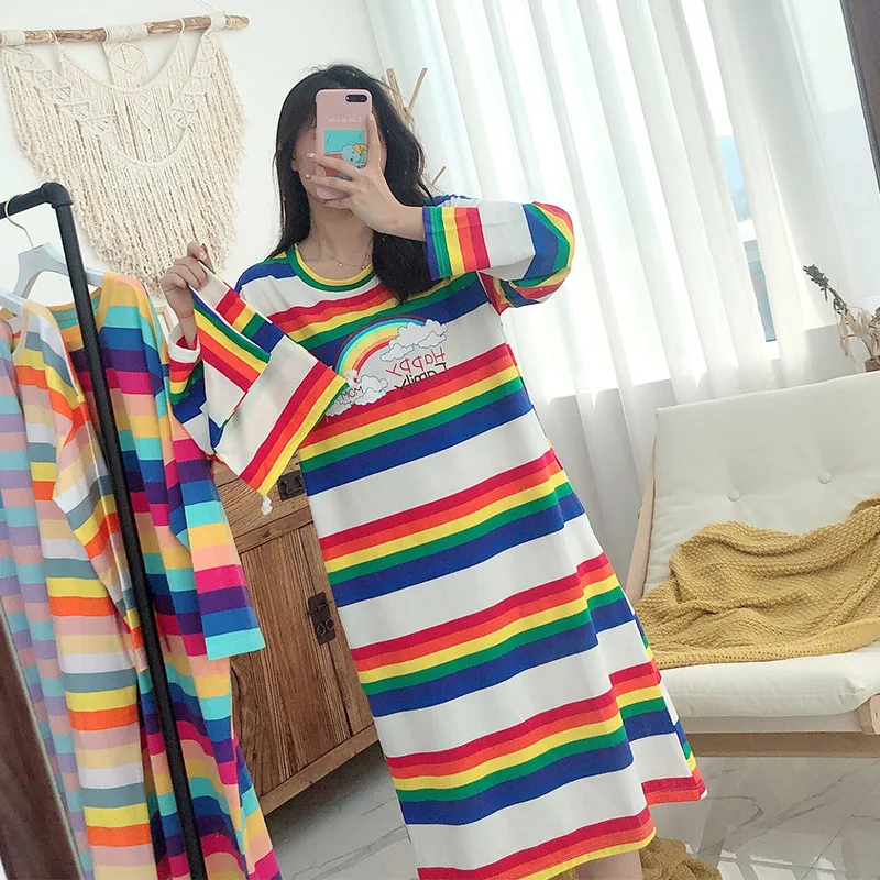 

Nightgown Women's Spring And Autumn Pure Cotton Long Sleeve Cute Stripes Rainbow Bridge Pajamas Korean-style Students Loose Oute