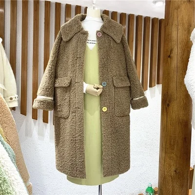 Khaki 3 цвета, женская черная куртка из овечьей шерсти с отложным воротником, свободные пальто с длинным рукавом, верхняя одежда средней длины, Осень-зима, подходит ко всему - Цвет: Khaki
