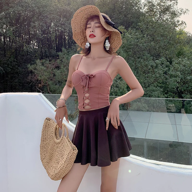 

South Korea Two-piece Swimsuits Women's Three-piece Set Bikini Graceful Blouse Boxer Small Bust Gathering Bubble Hot Spring Tour