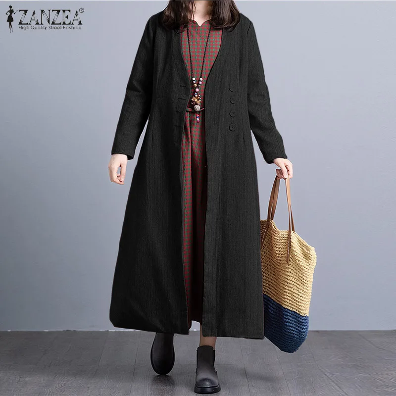 Женское длинное пальто, куртки, ZANZEA, элегантные женские Рабочие однотонные пуговицы, боковые карманы, верхняя одежда с длинным рукавом, пальто, Chaqueta Femme Casaco