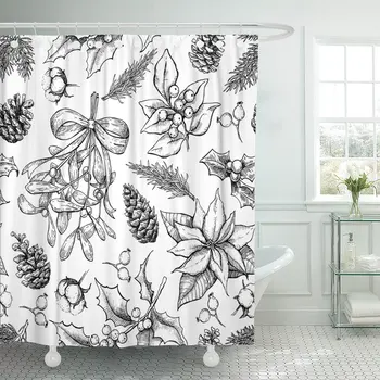 

Christmas Botanical Xmas Plants Holiday Engraved Holly Mistletoe Poinsettia Fir Tree Pine Cone Berry Shower Curtain Waterproof