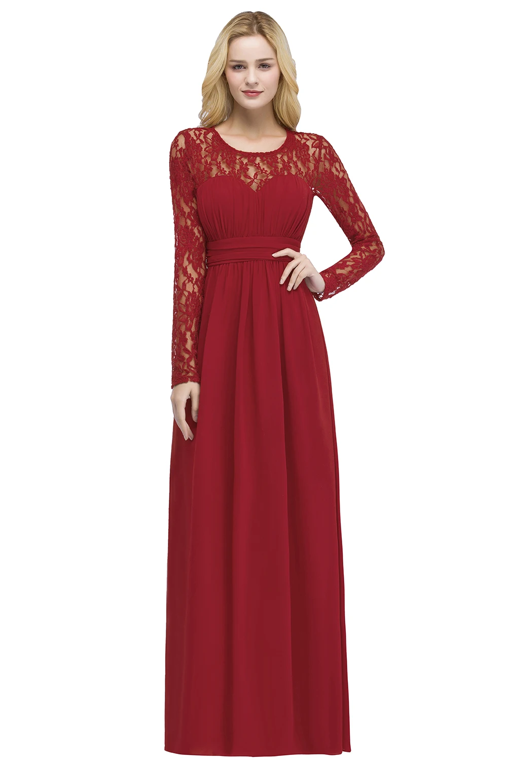 Vestido de Festa Casamento Elegant Burgundy Lace Long Wedding Party Bridesmaid Dresses Full Sleeves Robe Demoiselle D'honneur - Цвет: Красный