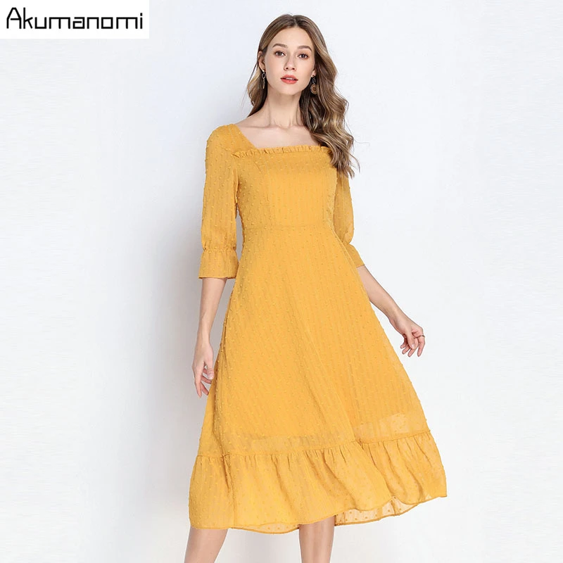 Gold Yellow Casual Long Dresses Elegant Women Big Sizes 5xl 4xl Xxl Spring Autumn Square Collar A Line Boho Maxi Dress Polka Dot