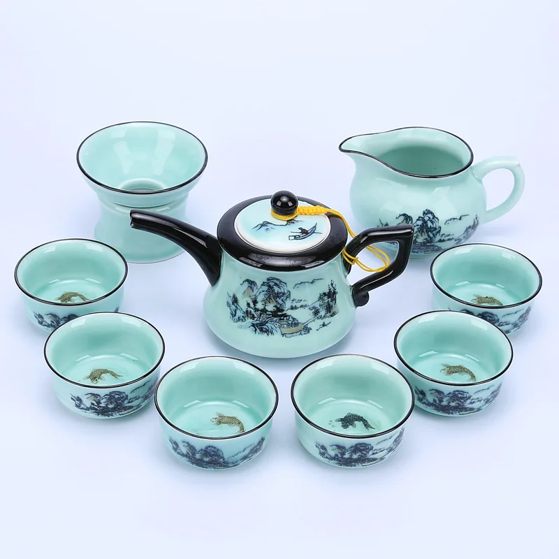 As shown Стильный чайник с ручной росписью Celadon набор термостойкий чайный набор кунг-фу чайник офисная Бытовая Питьевая утварь WSHYUFEI - Цвет: As shown