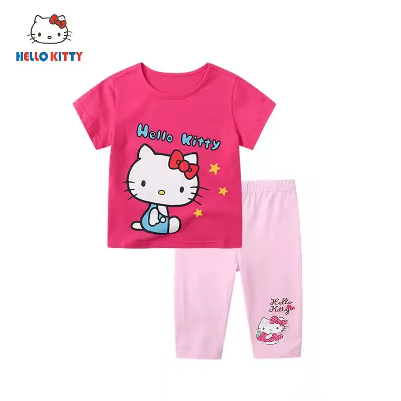 thumbnail image 1 of Hello Kitty-Conjunto de polainas y cuello de muñeca de manga corta para niñas, Top y pantalones cortos de algodón, traje de dos piezas, nuevo producto, 1 of 5