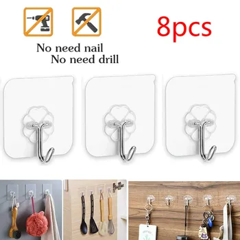 

8PCS Paste Hooks Transparent Strong Self Adhesive Seamless Hooks Kitchen Bathroom Door Wall Hangers Hooks Suction Cup Hooks