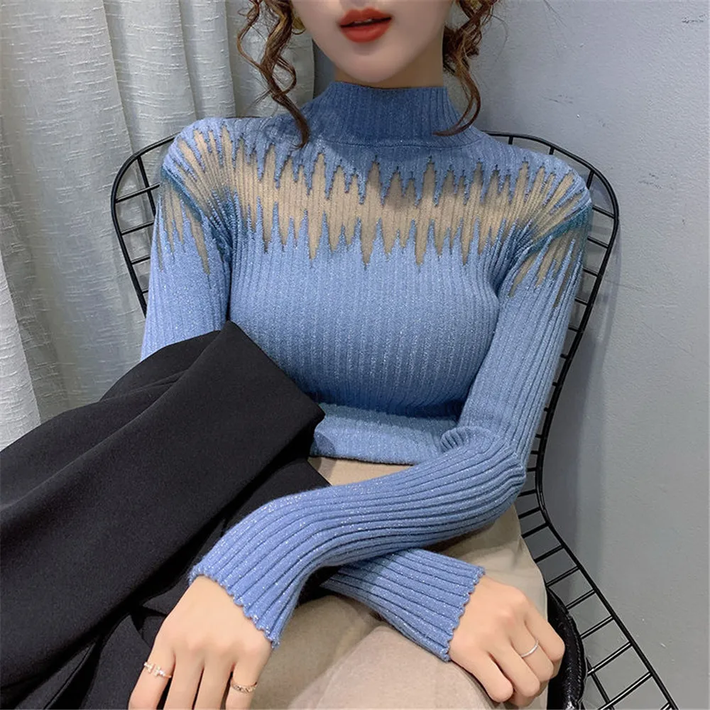 Women Sweater Shiny Half Turtleneck Knitted White Black Mesh Yarn Sexy Pullover Femme Plus Size jumper sweter mujer 35 | Женская одежда