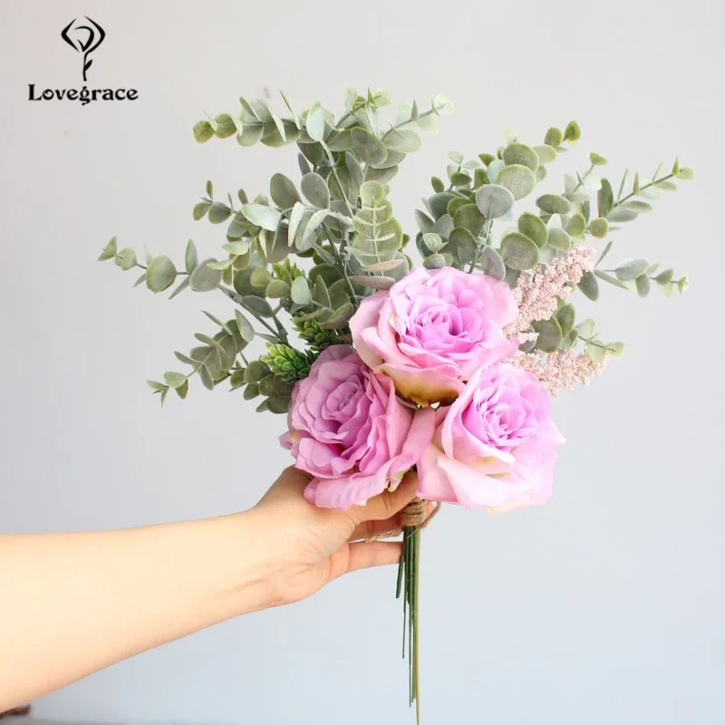 Lovegrace Свадебный букет невесты держащий цветок искусственный Шелковый цветок розы свадебные принадлежности ванильный Спайк домашний декор