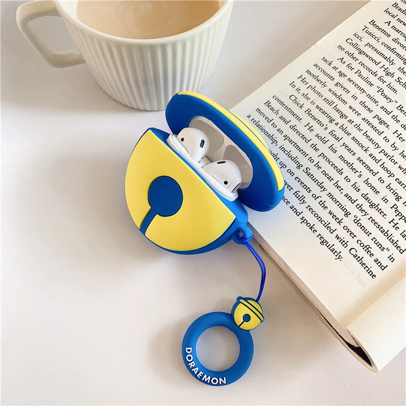 Мультяшный чехол для AirPods милый силиконовый чехол Bluetooth защитный чехол для наушников для Apple Airpods 2 Finger Ring 3D Doraemon Bell
