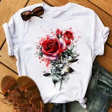 Women T-Shirt Flower-Tops Rose Dandelion Harajuku Graphic Print Short-Sleeved Plus-Size