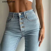 2020 Vintage Dünne Vier Tasten Hohe Taille Bleistift Jeans Frauen Slim Fit Stretch Denim Hosen Voller Länge Denim Engen Hosen