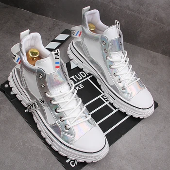 

High Quality Men Vulcanized shoes New High Top Casual shoes Men Autumn Leather Sneakers Metal Chain Male Flats buty meskie Z2-72