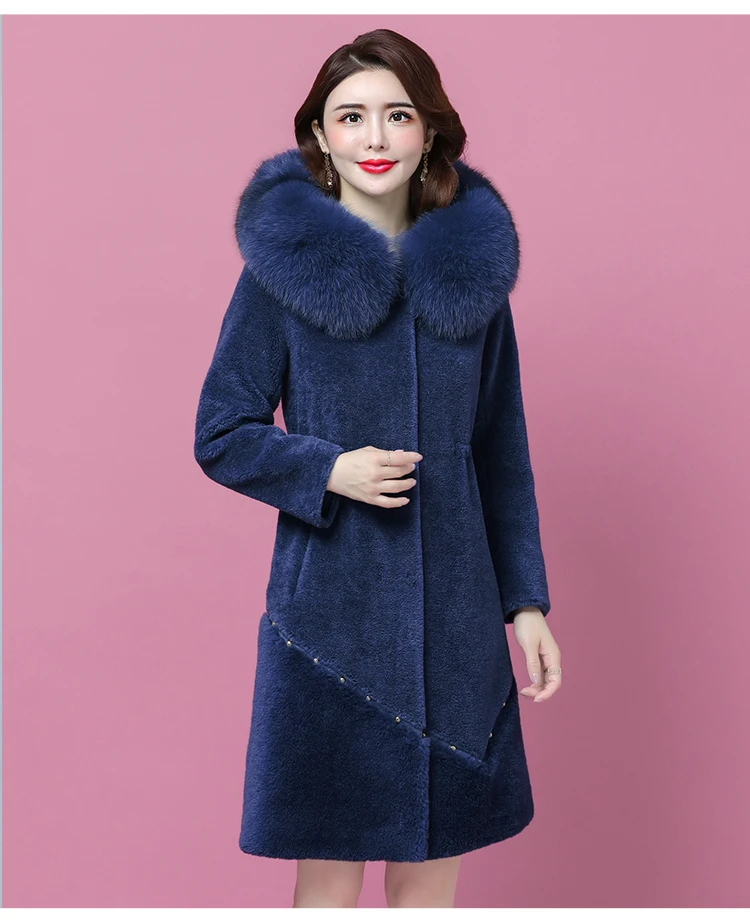 HANZANGL Sheep sheared coat Winter Wool Coat Women's Fox Fur Collar Hooded Warm Cashmere Jacket Long Fur Overcoat L-4XL
