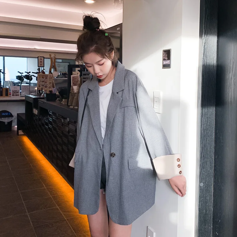 

Photo Shoot 2019 Autumn Oversize Non-mainstream Young Contrast Color Joint Cuff Gray Mid-length Small Suit Coat Women's