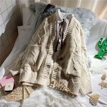 

New Autumn Winter Women Sweaters Coats 2019 Solid Color V Neck Loose Long Sleeve Knitted Cardigans Students Sweaters