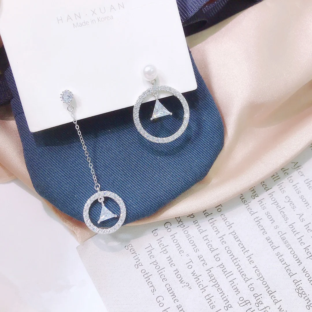 

Asymmetry Earrings 925 Sterling Silver Zircon Freshwater Pearl Unique Silver Noble Jewelry Long Tassel Fashion Circle & Triangle