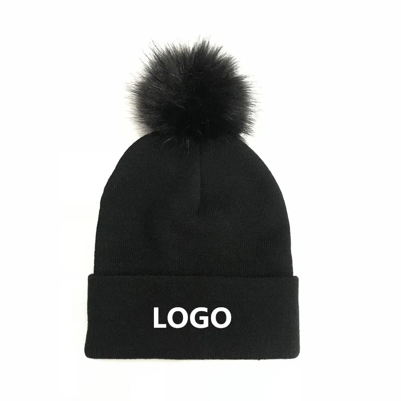 Custom Embroidery Beanie Personalized Text Cuffed Hat with Faux Fur Pom Cuffless Personalized Embroidered Ski Knit Winter Caps 