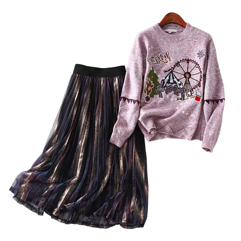 

One's Laziness Comfortable Embroidered Crew Neck Sweater Liangsi Gauze Skirt Two-Piece Women's Entity