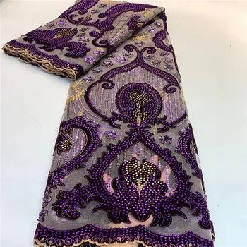 

sequined lace fabric 2020 Purple High Quality African Lace Fabric Wedding Velvet Lace fabric Material For Dress