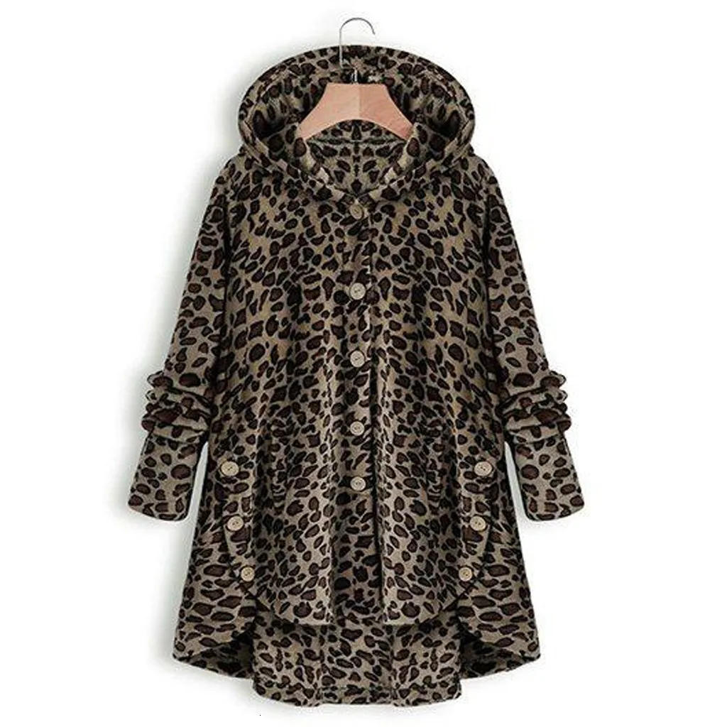 

Winter Coat Women Button Leopard Fleece Jacket Plus Size Asymmetrical Hem Hooded Sweater Outwear Women Oversize Overcoat New