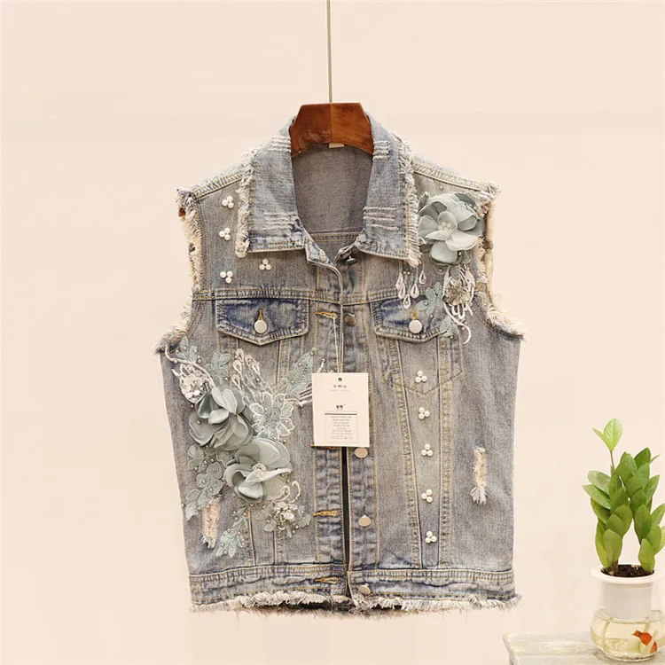 Autumn Sequins Ripped Embroidery Flower Jeans Vest Women Fashion Slim Denim Sleeveless Jacket Female Coat Waistcoat Mujer