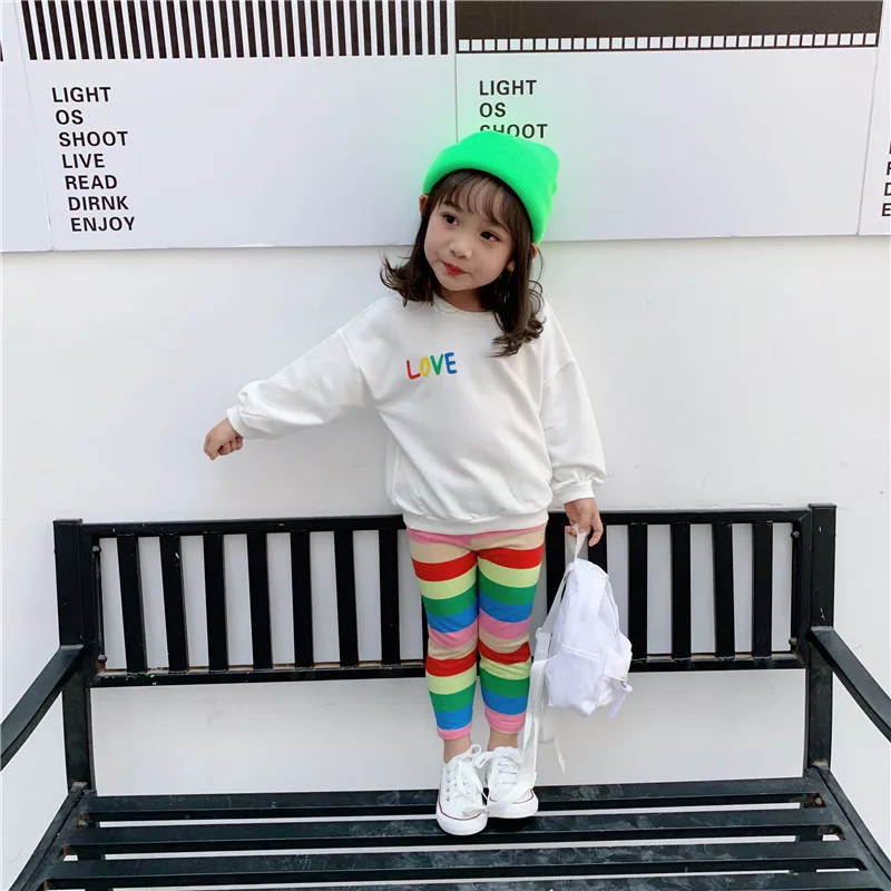 

1903 2019 New Cartoon Sunflower Sweatershirt + Coloured Striped Pants Casual Kids Suit Gilrs 2-piece Suit