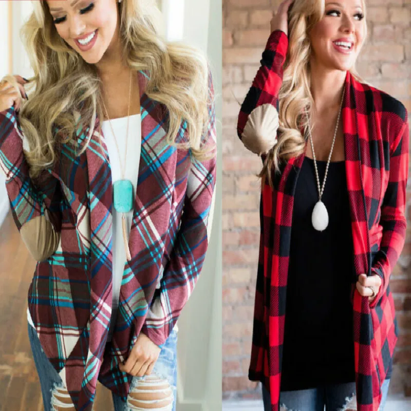 

Women's Buffalo Plaid Cardigans Long Sleeve Elbow Patch Draped Open Front Shirt Casual Fashion Basic Classic Tops