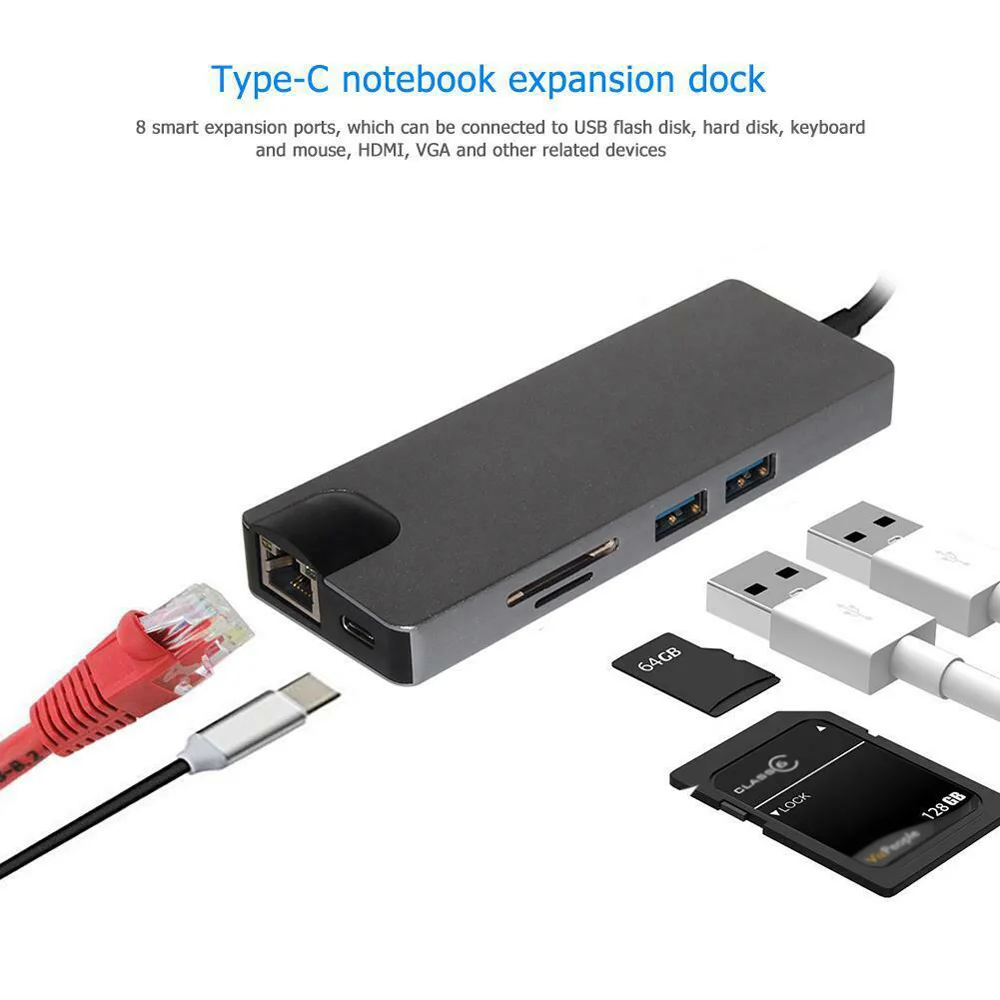 Usbc к Rj45 Lan 4K Hdmi Vga 2Usb 3,0 Sd слот для карт 8 в 1 Тип C док-адаптер концентратор для Macbook для samsung huawei Dex Mo