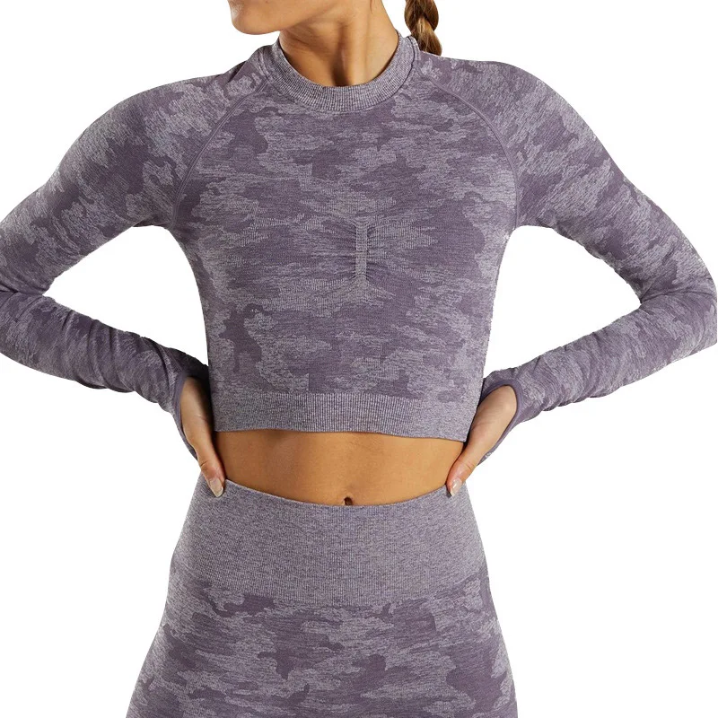 Purple Женская Спортивная футболка с длинным рукавом для йоги, Женский бесшовный топ для спортзала, топы для тренировок, женская спортивная футболка, одежда для фитнеса, спортивная одежда - Цвет: Purple